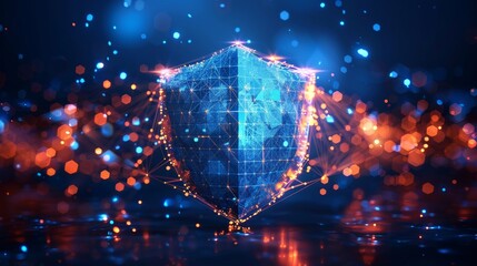 Fototapete - Symbol of a shield with low poly wireframe style. Concept of Data Protection Design. Digital shield with polygonal abstract pattern. Particles are connected into geometric shapes. Modern