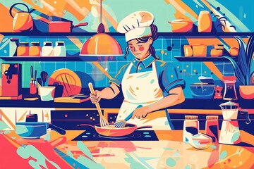 Wall Mural - Woman food blogger cooking at the kitchen, funky artsy colorful vibrant stylish cartoon illustration