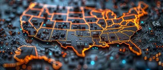 Leinwandbilder - USA technology map. Circuit USA as a circuit board with a chip or CPU processor. USA tech background. Microelectronics industry 3D rendering.