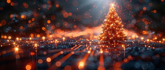 Fototapete - The Christmas poster is designed with a Christmas tree and digits 2025 in electronic technology style. Greetings for the new year, merry Christmas