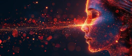 Poster - An illustration of artificial intelligence in the form of a humanoid head with an anthropomorphic face analyzing flow data. A brain is learning to process data, analyze information. An illustration of