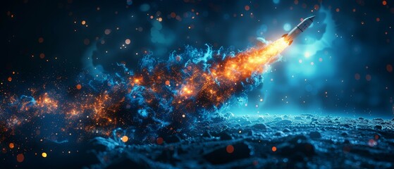 Leinwandbilder - Isolated  illustration featuring an abstract rocket launch from a laptop. Blue geometric background. Wireframe light connection structure. Modern 3D graphic concept.