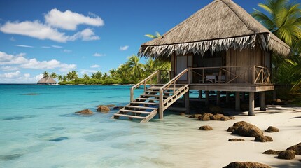 Tropical beach bungalow with traditional thatched roofing set against the backdrop of a tranquil tropical island and clear turquoise waters. Generative AI.