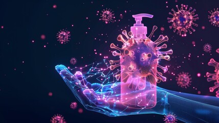 Poster - The sanitizer breaks down the Coronavirus molecule. Coronavirus-19. Isolated  illustration. Abstract geometric background. Modern graphic concept.