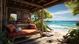 Fototapeta  - A rustic wooden cabin's porch featuring cozy cushions, overlooking a scenic view of a tranquil blue ocean and lush palms in the beach. Generative AI.