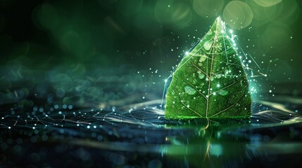 Aufkleber - A falling drop of water with green leaves inside. Low poly style design. Abstract geometric background. Wireframe light connection structure. 3D graphic ecological concept.  illustration.