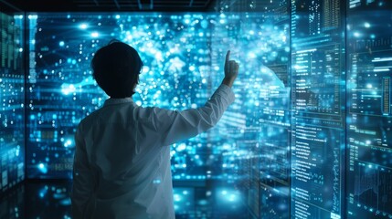Wall Mural - A man in a white lab coat is pointing at a computer screen with a blue background. Concept of technology and innovation, as the man is working on a project or exploring new ideas