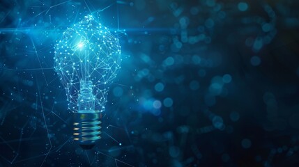 Poster - Illustration or background of a lightbulb. Polygonal mesh art with crumbled edges against a blue night sky with stars and dots. However, it can be adapted for other concepts such as electricity,