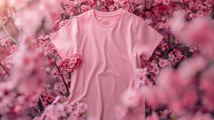 Wall Mural - A pink shirt is hanging in a field of pink flowers. Concept of beauty and tranquility, as the pink shirt