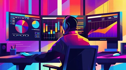 Wall Mural - Trader with financial charts colorful funky cartoon illustration, learning the crypto market and diving into the world of finance