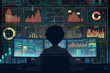 Wall Mural - Trader with financial charts colorful funky cartoon illustration, learning the crypto market and diving into the world of finance