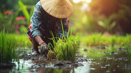 Farmers grow rice in the rainy season. They soaked rice with water and mud to be prepared for planting, in the style of agricultural labor, rural farming scene