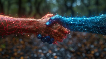 Aufkleber - An abstract digital partnership concept. The handshake consists of polygons, lines, and dots. Colored in blue, red, or pink. The best deal icon on a technology background. Business modern