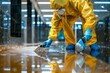 Focused professional cleaner wearing a hazmat suit while disinfecting a floor in a modern building, reflecting safety and cleanliness standards.