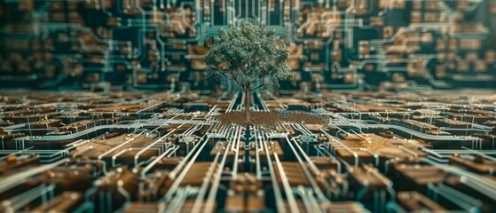Poster - Green Computing, Green Technology, Green IT, CSR, and IT ethics concept with a tree growing on a computer circuit board. Blue light and wireframe networking background.