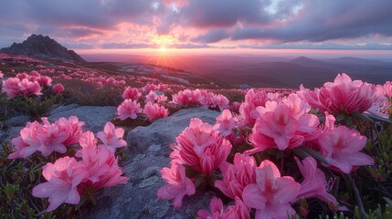 Wall Mural - Mountain of pink rhododendrons in summer