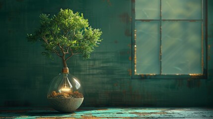 Canvas Print - A green tree grows out of a bulb as an eco concept.