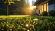 perfectly cut grass in modern house yard sunny day generative ai