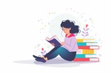 Fototapeta Londyn - Girl reading a book, sitting while leaning on a pile of books, learning and reading concepts. cute flat cartoon illustration