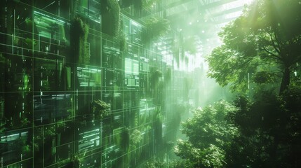 Wall Mural - A green forest with a building in the background. The building is made of glass and has a lot of green plants growing on it. The forest is full of trees and the sunlight is shining through the leaves