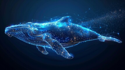 Poster - Polygonal blue whale with a starry sky or comos. Low poly modern illustration. Sea animal consists of lines, dots, and shapes.