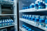 Fototapeta Krajobraz - An open refrigerator stocked with multiple blue-capped vaccine vials, representing healthcare and medical storage.