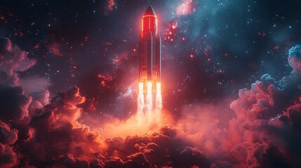 Poster - Glowing poster with dark night background in 2023. Neon rocket with new year font on the background.