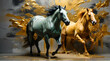 Two majestic horses gallop in unison, their motion accented by gold paint splashes against a moody grey backdrop