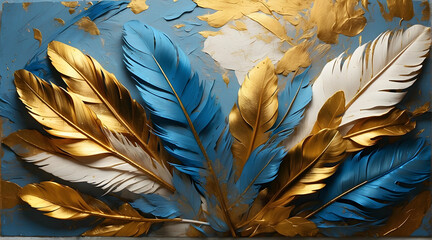 Elegance and luxury emanate from this detailed close-up of feathers with a golden and blue color palette against a worn background