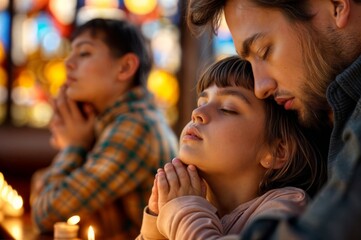 Cute little girl and her loving father praying together in the evening.