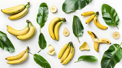 Canvas Print - Bright and Fresh Bananas Arranged with Green Leaves on a Light Background. Minimalistic Food Concept That Pops. AI