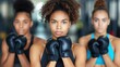 Women in gym with boxing gloves, showing off muscles and fun expressions