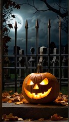 Wall Mural - Jack-o-lantern in a graveyard. A glowing pumpkin with a sinister smile on a misty Halloween night. Concept of Halloween tradition, spooky celebration, autumn festivities, and haunted scenery. Vertical