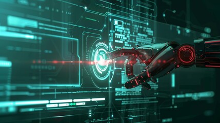 Poster - Conceptual graphic of a robot using a futuristic interface in virtual reality technology or artificial intelligence technology