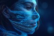 An abstract polygonal abstract isolated on blue background represents protection from viruses, bacteria, and smog. Low poly wireframe style with a protective face mask. Low poly wireframe style with