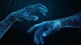 Fototapeta Kosmos - The hands of two blue wireframes are reaching out to each other