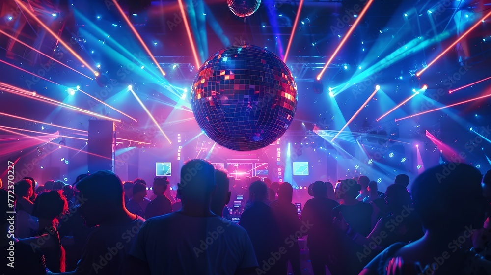 Vibrant Club Scene with Dancing Crowd and Disco Ball. A Celebration of ...