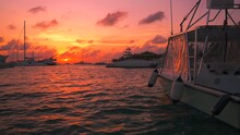 Side View Of Moored Fishing Yacht Hull With Fenders In Calm Water In The Port At Beautiful Sunset. Sail Catamarans And Boats Anchored In Bayahibe Sea Bay. Nautical Copy Space Background