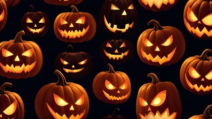 Wall Mural - Illustration of glowing carved pumpkins with different evil faces in the dark at Halloween night. Generative AI