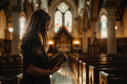 young woman reading a bible in a church. focus on the book