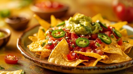 Canvas Print - A plate of nachos with guacamole and jalapenos. The plate is on a table with a bowl of salsa and a bowl of chips