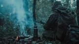 Fototapeta  - Man hunter with a backpack sits next to a crackling campfire in a wooded area, enjoying the warmth and cooking food