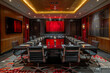 A spacious executive boardroom featuring rich wood panels, red artistic details, and sleek black office chairs..