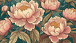 Retro illustration on pink peonies backdrop. Trendy style. Old classic drawing. For poster or postcard.