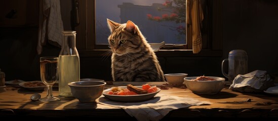 Canvas Print - A cat by the window, with whiskers and carnivorous instincts, sitting on a table