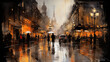 Rainy City Street with Golden Lights and Silhouetted Figures
