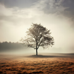 Sticker - A solitary tree in a foggy meadow. 