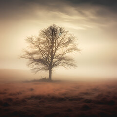 Wall Mural - A solitary tree in a foggy meadow. 