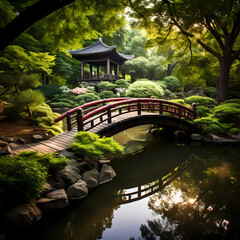 Sticker - A tranquil Japanese garden with a traditional bridge