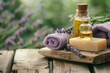 Herbal soap, organic oil, lavender, and beauty products.